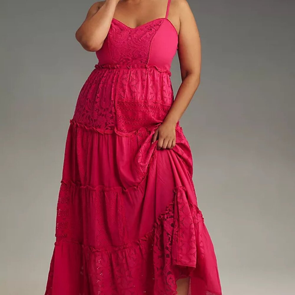 Anthropologie Bhanuni Jyoti Sleeveless Lace TIERED Midi Dress XL HOT Pink cruise